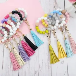 Valentine Day Party Favor Silicone Beaded Bangle Keychain with Tassel for Women Wristlet Key Ring Bracelet New 1225