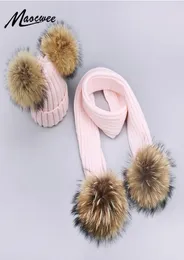 Pom Pom Hut Schal Frauen Kinder Winter Acryl Mützen Hüte Echtpelz Pompon Hut Kappe Mädchen Warme Gestrickte Solide Rosa Weiß Hüte Schals Y6871594