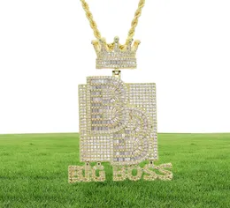 Big Boss Letters Corona en forma de collar inicial Colgante con cadena de cuerda Iced Out Bling 5A Cubic Zircon Hip Hop Hombres Boy Jewelry2135176