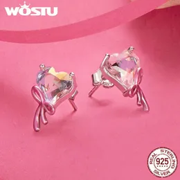 WOSTU Hochwertige 925 Sterling Silber Herz Schleife Ohrstecker Rosa Herzförmige Schnallen für Frauen Edlen Schmuck Täglichen Party Geschenk 231225