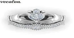 ウェディングリングvecalon luxury lovers claddagh ring 1ct 5a zircon czホワイトゴールドフィルドエンゲージメントバンド女性のためのメン2299583