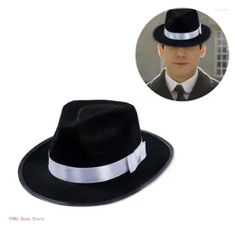 Berets Cosplay Flat Top Hat Black Fedora Jazzs Musical Festival аксессуары костюмы