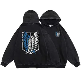 Attack on Titan Vintage Hoodies Liberty Wings Washed Hoodie Male Female Retro Sweatshirts Streetwear Pullovers 100% Cotton Hoody