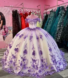 Quinceanera Dresses Lavender 3D Floral Appliques Party Prom Ball Gown Off-Shoulder Sleeveless New Custom Hizper Plus 크기 레이스 업 Applique Tulle