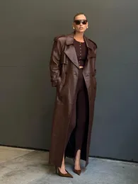 RR2790 X Long Fake Leather Trench Coat Slim Belt Waist Back High Cut Up Long Sleeve Chocolate Faux Jackets 231222