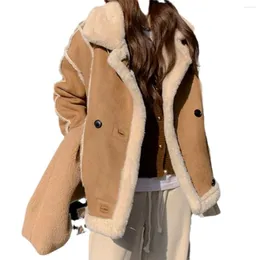 Kvinnorjackor Kvinnor Autumn Jacket Rockar Suede Lambool Leather Coat Feminino Stand Collar Long Sleeve Tops Parka Femme