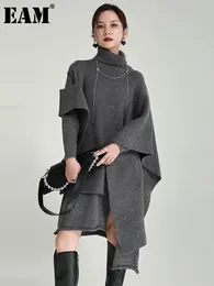 EAM 여성 회색 불규칙 디자인 편직 드레스 터틀넥 긴 소매 느슨한 핏 패션 봄 가을 2024 1DF2618 231225