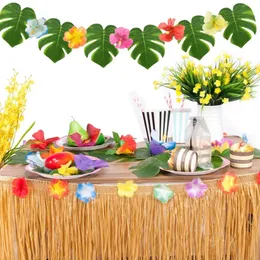 ديكورات الحفلات الاستوائية في هاواي 275x75cm Luau Grass Table Skirt Palm Leaves Hibiscus Flowers لعيد ميلاد الزفاف 231225