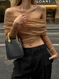 Women's T Shirts Long Sleeve Cropped Top Solid Color Off Shoulder Boat Neck Sheer Mesh T-Shirt Spring Fit Streetwear