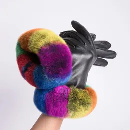 MPPM Leather Glove Warm Autumn Winter Soft Decoration Rex Rabbit Fur Wrist Coral Velvet Thick Real Elegant 231222
