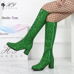 Green Glitter 60s 70s Retro Gogo Bots Costume Cosplay Knee High Go Buty Kobiety 7 cm Chunky Heels Buty plus rozmiar EU46 231225