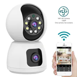 Câmera de segurança de lentes dupla 1080p HD WiFi 360 ° Panorâmico IR IP IP Vision Night Vision Full Color Rastreamento humano automático 4x Digital Zoom Video Security Monitor Cam