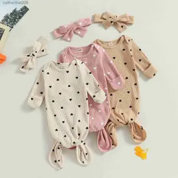침낭 마 아기 0-3m 신생아 여자 소년 침낭 침낭 심장 인쇄 긴 소매 매듭 묶인 스와 들링 + 헤드 밴드 침구 d05L231225