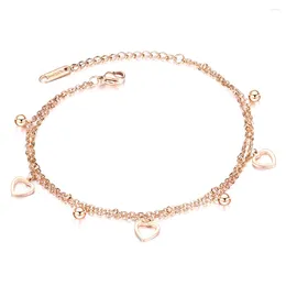 Anklets KONGMOON Multiple Heart Beads Charm Double Chain Rose Gold Plated Women Foot Jewelry Stainless Steel Adjustable Anklet Bracelet