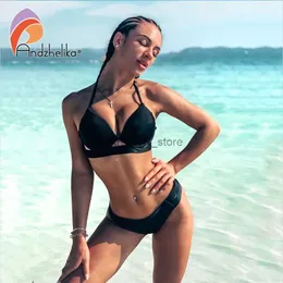 Bikini Set Andzhelika Solid Push Up Bikini Donna Fasciatura Bikini Set Costume da bagno Halter sexy Due pezzi Beachwear 2022 Costume da bagno Costumi da bagnoL231225