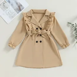 FOCUSNORM 2-7Y Herbst Kinder Mädchen Trenchcoat Rüschen Langarm Revers Zweireiher Khaki Windjacke mit Gürtel 231225