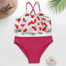 Bikini Set 5-14 anni Ruffle Baby Kid Costume da bagno Costumi da bagno Stampa fragola Kids Girls Bikini Set 2023 Summer Beach Bambino Studente Costume da bagnoL231225