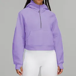 Nya kvinnor yoga kläder borstade halv zip hoodie jacka sportkläder huva träningsbana löpning med fickor utomhus fleeces tumhål