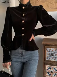 Woherb koreansk vintage lykta ärm blusa spets hög hals pärla knapp svart smal elegant mode sammet blus kvinnor skördtröja 231222