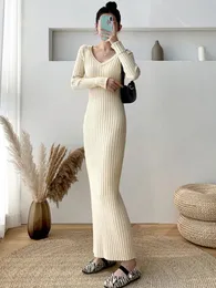 Zoki Elegant Solid Women Sticked Dress Simple Korean Slim Long Sleeve Ankle Length Dress Casual V Neck Office Ladies Chic Dress 231225