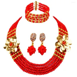 Halsband örhängen set ogenomskinlig röd afrikansk kristallpärlor smycken nigeriansk bröllop brudparti 5LDH08