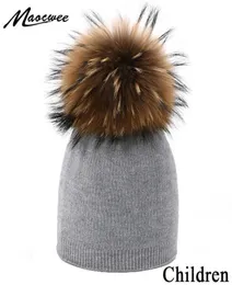 Beanieskull Caps Winter Sticked Beanie Hat with Real Fur Pom Poms for Children Fashion Söta skallies Beanies utomhus tjock varm S4524901
