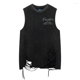 Herr t-skjortor Vest Round Neck Street Fashion Letter Print Washed Ripped Retro Ejrised Dark Sleeveless T-shirt American Style