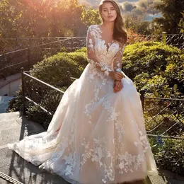 Lång haute couture ärmar bröllopsklänningar elegant svep tåg hals d blommor spetsar plus storlek arabiska brudklänningar sexiga underbara brud vestidos de novia