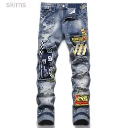 Designer novo outono jeans masculino moda urbana angustiada impressão retalhos calças de cintura média