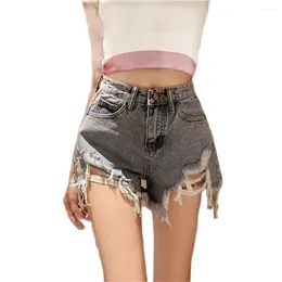 Kvinnors shorts kvinnor avslappnad hög midja denim sommarfickan Tassel hål rippade jeans korta kvinnliga femme byxor lös