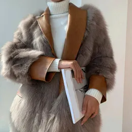 Jackets Vintage Women's Winter Fox Fur Coat Pu Leather Suit Collar Warm Faux Fur Jacket Girl Fashion Streetwear Overcoat