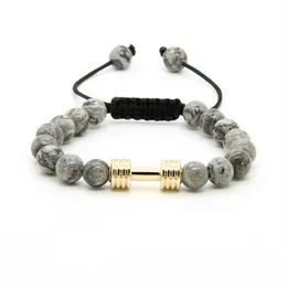 Sport Energy Bracelets Whole 8mm Grey Jasper Stone Beads With New Barbell Fitness Dumbbell Macrame Bracelets for Men318o