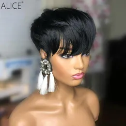 Kort spetsfront peruk brasiliansk remy mänsklig hår peruk för kvinnor pixie klippt rak 150 glueless pre plocked41534133929568