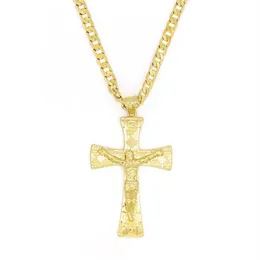 Solid 10k Amarelo Gold Amarelo cheio Jesus Cross Charm Big Pinging 55 35mm com 24 Miami Chain Chain 600 5mm265U