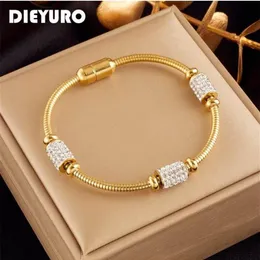 316L Stainless Steel Gold Color Zirconia Beaded Bracelet For Women Fashion Girls Magnet Clasp Snake Chain Jewelry Gifts212D