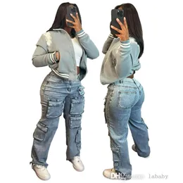 Kvinnor denim byxor streetwear blixtlås fluga multi ficka sidoslast rak byxa mode brett ben lösa jeans byxor kvinnliga