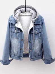 Jaquetas femininas lã de lã quente jeans jeans bolsos fêmeas botões de roupas mole com capuz