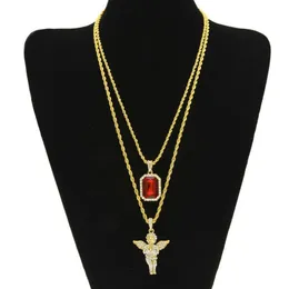 Two Piece Angel Bling Rhinestone Cross Pendant med Red Ruby Pendant Necklace Set Men Fashion Hip Hop Jewelry258V