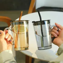 450 ml halmglas kaffekopp med lock och handtag dryck kopp transparent juice kopp kontor och hushållskopp isolerat glas 231225