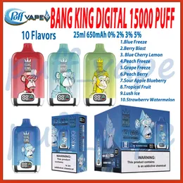 Authentische Bang King Digital 15000 Smart Screen E-Zigaretten Mesh Coil 650 mAh Akku 10 Geschmacksrichtungen Einweg-Vape-Pen 0 % 2 % 3 % 5 % Füllstand 25 ml vorgefüllter Pod VS Bang King 15000