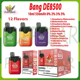 Bang DE8500 Puff d'origine 0% 2% 3% 5% Stylo vape jetable 550mAh Batterie rechargeable Pré-remplie Cartouche de bobine de 18 ml vs Kit Bang King 8k