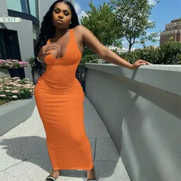 Kadınlar Yakın Seksi Şeritli Yaz Sundress Düz Renkli Kolsuz Bodycon Uzun Elbise Pembe/Yeşil/Kahverengi/Turuncu/Mavi 231225