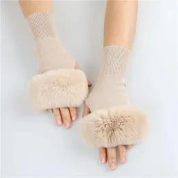 Winter Fashion Women' Knitted Real Rex Rabbit Fur Fingerless Gloves Cuffs Girl's Warm Mittens Wrist Warmer Elastic Fluffy 231222