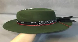 Ethnic Style Green Wide Brim Fedora Hat 100 Wool Women Felt Hats Panama Hat with Turban Ribbon Crushabley Porkpie Style13783750