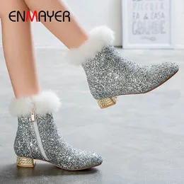 EnmayeRenmayer Square Obcing Solid Bling Cequine Botts for Women Round Platform Buty Katwalk Buty Silver Women Buty 231225