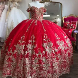Röd bollklänning Quincenara -klänning 2024 Gold Applique spetspärlor Vestidos de 15 anos från axeln quinceanera xv brithday söt 16 klänning