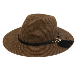 Chapeau de paille en plastique unisexe printemps été fête rue plage en plein air chapeau de soleil large casquette à bord souple Panama amant haut chapeau avec ceinture B7427065