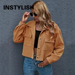 Jackor Instylish Autumn Long Sleeve Corduroy Jackets Vintage Haruku Cropped Coat Elegant Solid Shirt Korean Women Blus Outwear