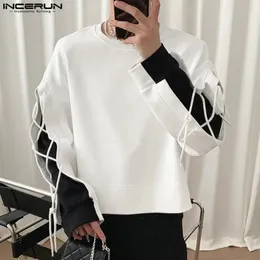 INCERUN Magliette e camicette 2023 Uomini di Stile Coreano Nero Bianco di Colore di Contrasto Del Merletto T-shirt Casual Streetwear Allentato O Collo Camiseta S 5XL 231225