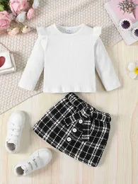 Наборы одежды 3pcs set Baby Girl ruffle ruffle top+ клетчатка мини -плиссированная юбка с ремнем для малыша Kid Spring осень осень мода наряды